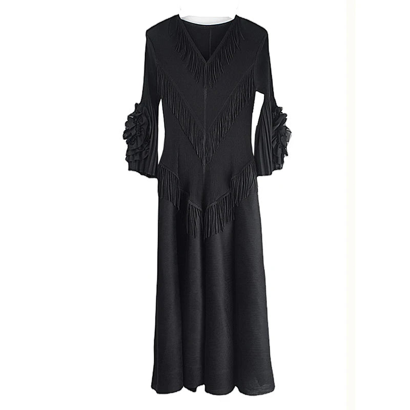 XITAO Tassel Solid Pleated Dress V-neck Three Quarter Sleeve Pullover Temperament Elegant Fashion Women A-line Dress LYD1749