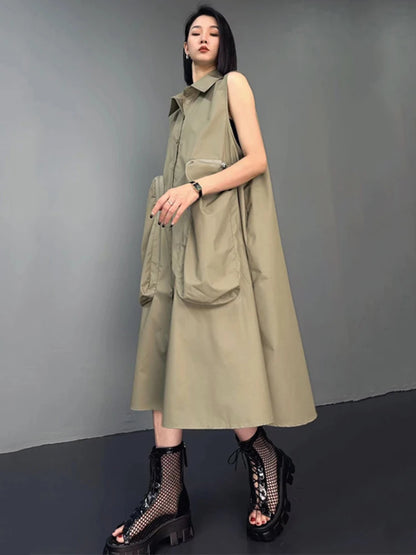 XITAO Loose Patchwork Pocket Dress Casual Temperament Sleeveless Women Summer New Simplicity Single Breasted Dress HQQ2372