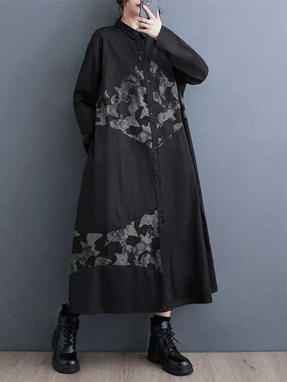 XITAO Asymmetrical Print Korea Shirt Dresses Contrast Color Single Breasted Turn-down Collar Autumn New Casual Loose DMJ2852