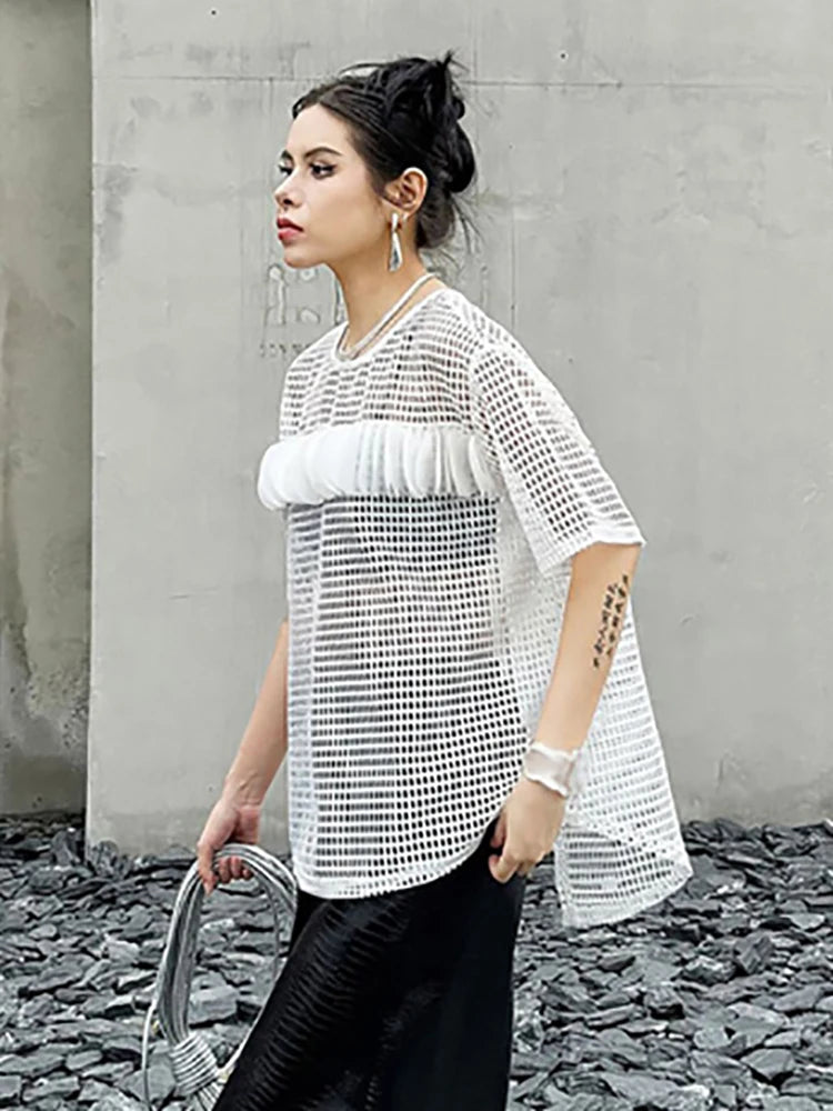 XITAO Hollow Out Mesh Patchwork Pullover T-shirts Solid Color O-neck Short Sleeve Loose Fashion Tops Summer All Match HQQ2305