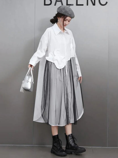 XITAO Gauze Pocket Contrast Color Shirt Dress Side Split Single Breasted Patchwork Turn-down Collar Long Sleeve Casual GMM1261