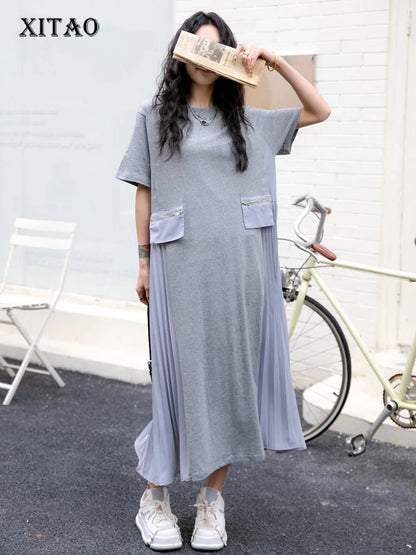 XITAO Spliced Pleated Dress Solid Color Loose Fashion Female New Pullover Short Sleeve O-neck Casual Summer Dress GJ1012