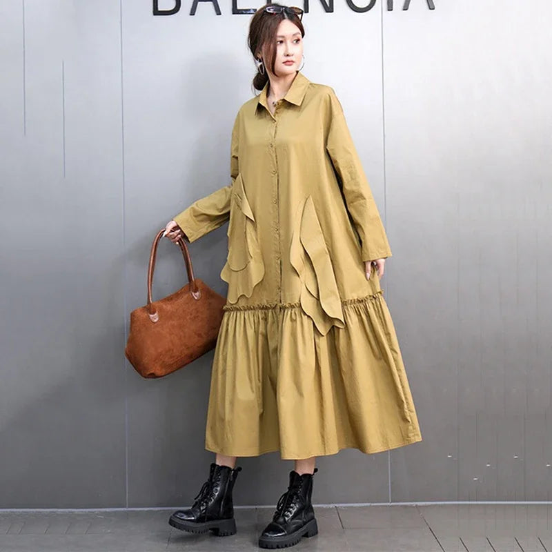 XITAO Casual A-line Full Sleeve Solid Color Mid-calf Dress Literature Patchwork Ruffles Loose Autumn Female Dress GMM1052