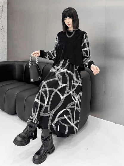 XITAO Contrast Color Print Pullover Dress O-neck Long Sleeve Loose Fashion Personality Slimming Dresses 2024 Autumn New LJ1051