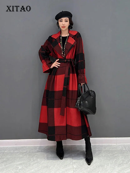 XITAO Plaid Bandage Women Tailored Coat Fashion Contrast Color Turn-down Collar Simplicity Coat Spring All-match New WLD13012