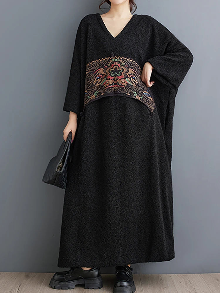 XITAO Embroidery Patchwork Batwing Sleeve Dresses V-neck Pullover Loose Slimming Mid-Calf Casual Dresses 2024 Autumn New LJ1046