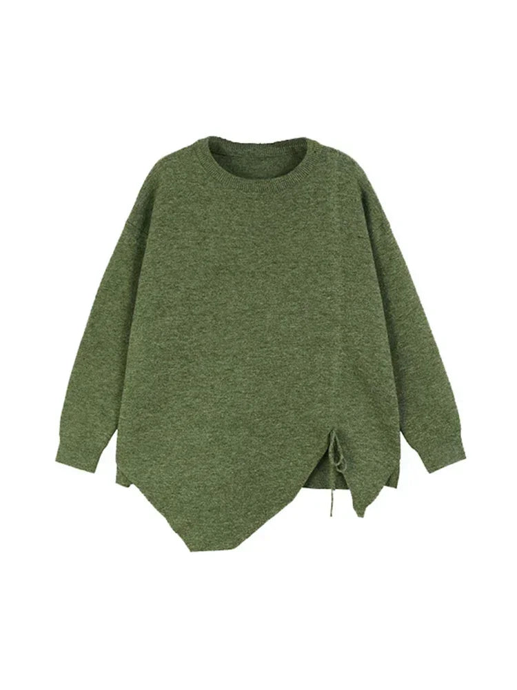 XITAO Asymmetrical Knitting Shirring Pullovers Solid Color O-neck Loose Casual Sweaters 2024 Spring All Match New DMJ3140