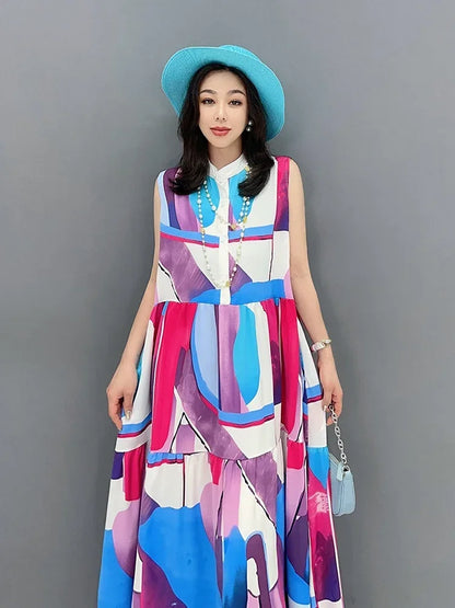 XITAO Fashion Sleeveless Print Dress Irregular Contrast Color Stand Collar Temperament Women Summer New Loose Dress WLD16816