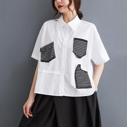 XITAO Short Sleeve Patchwork Lace Pocket Shirt Personality Loose Casual All-match Single Breasted Women Fashion Top HQQ2386