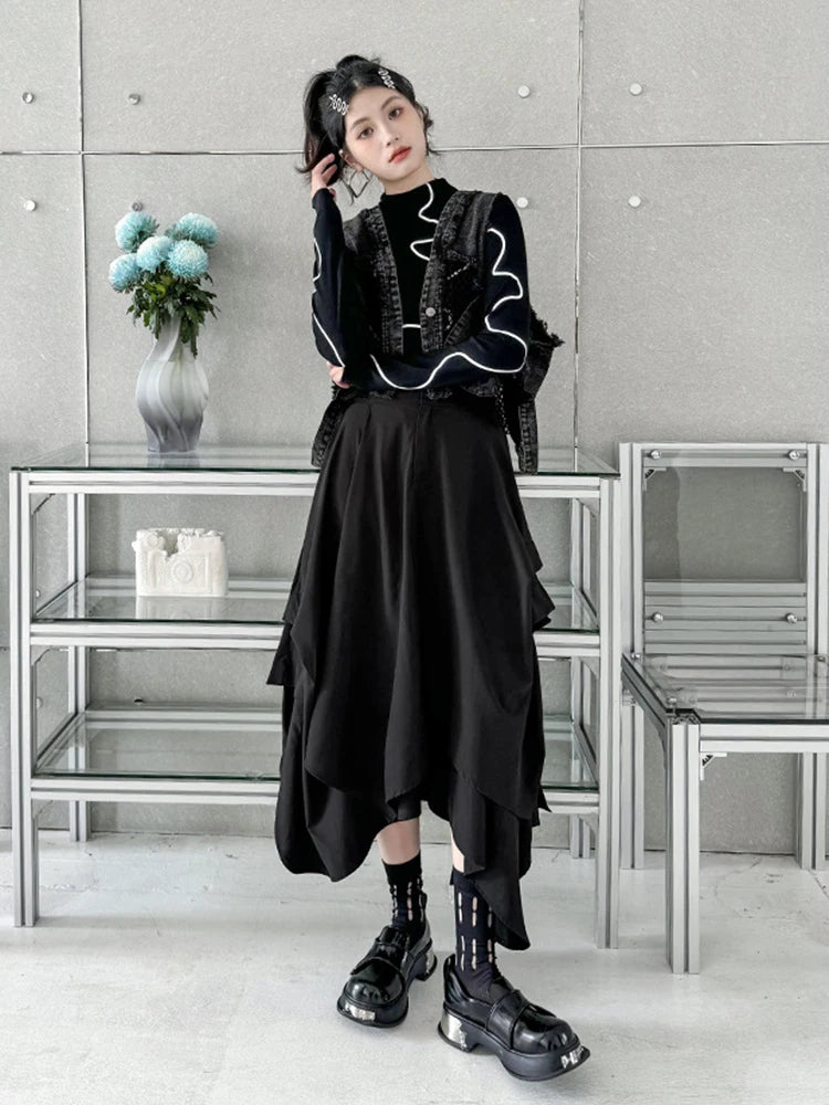 XITAO Black Irregular Skirt Fashion Folds Button Splicing Women Loose A-line Skirt Spring New Street Trendy HQQ2252