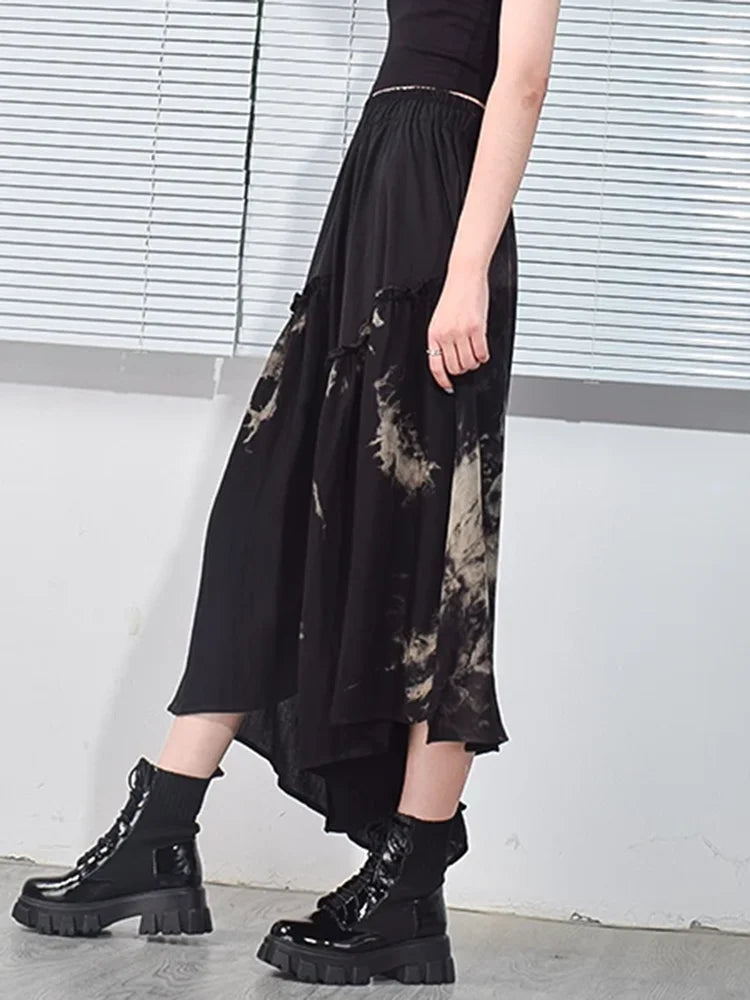 XITAO Asymmetrical Tie Dye Print Skirt Contrast Color Splicing Casual Loose Fashion Elastic Waist 2024 New All-match DZL5010