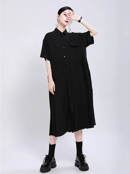 XITAO Patchwork Pleated Pocket Elegant Dress Women Clothes 2024 Summer New Fashion Turn Down Collar Loose Dresses DMY4747