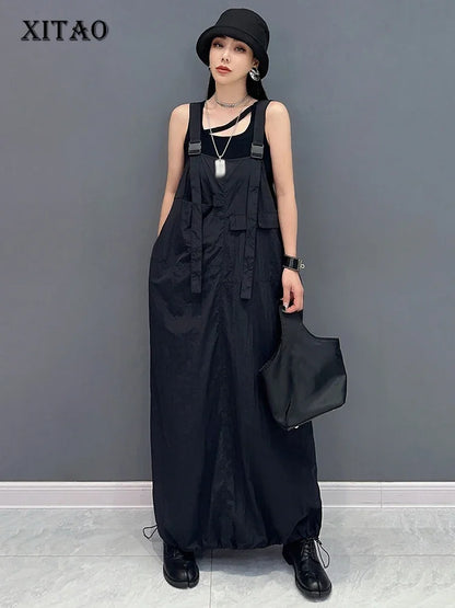 XITAO Loose Straps Solid Color Dress Simple Fashion Sleeveless Autumn Women Casual Drawstring Buckle A-line Dress GMM1268