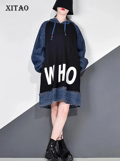 XITAO Letter Patchwork Dress Women Casual Winter Trendy Fashion New Style Hooded Collar Long Lantern Sleeve Drawstring GCC4185