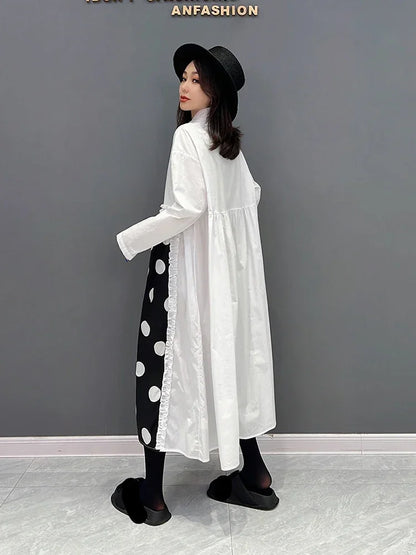 XITAO Fashion Contrast Color Dot Shirt Dress Loose Simplicity Edible Tree Fungus Splicing Hem Spring New Women Dress WLD8726