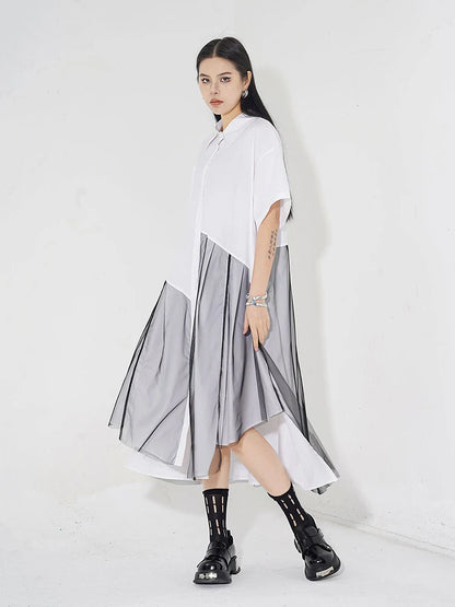 XITAO Mesh Patchwork Female Shirt Dress Casual Simplicity Loose Asymmetrical Hem 2024 Summer New Irregular A-line Dress ZY8655