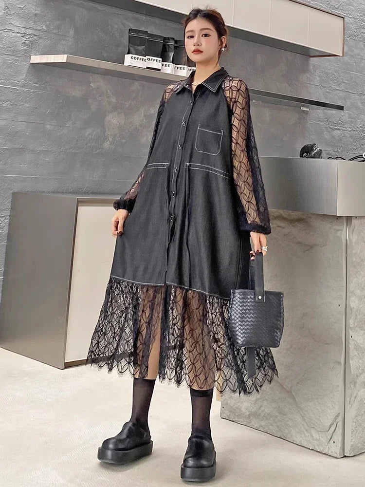 XITAO Patchwork Lace Turn-down Collar A-line Shirt Dress Casual Solid Color Full Sleeve Personality Autumn Women Dress GMM1138