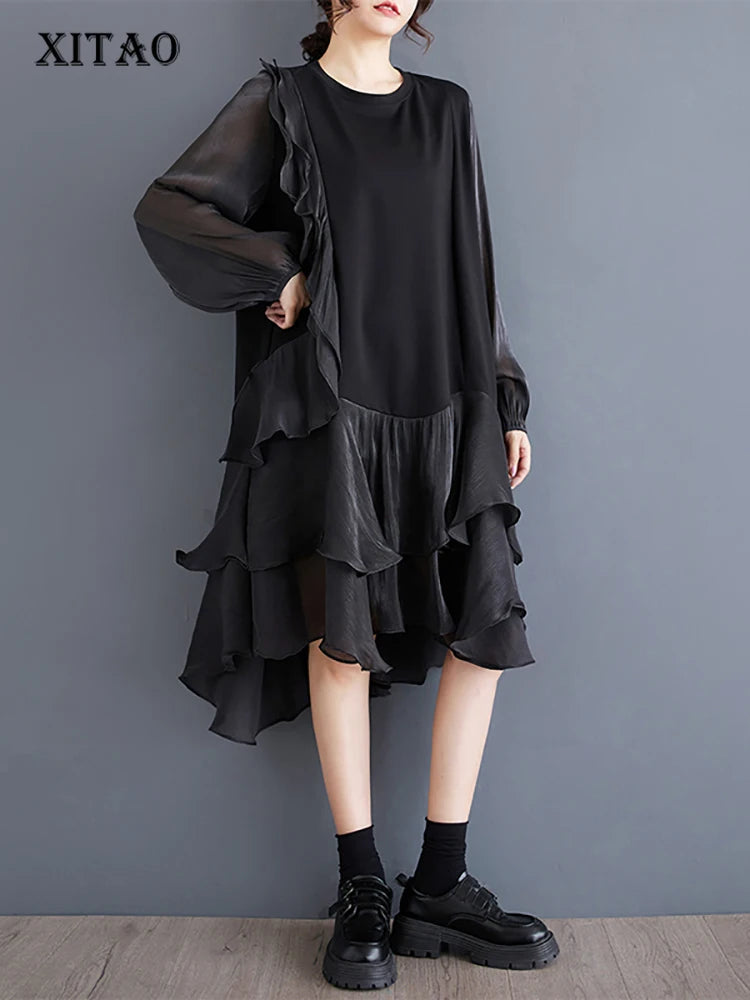 XITAO A-line Casual Solid Color Knee-length O-neck Dress Patchwork Full Sleeve Pullover Irregular Slimming Autumn Dress GMM1078