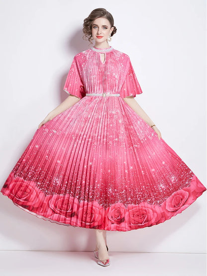 XITAO Pleated Dress Gradient Color Peony Flower Print Pin Bead Fashion Half Sleeve Stand Collar Dress Summer New Women LYD1879