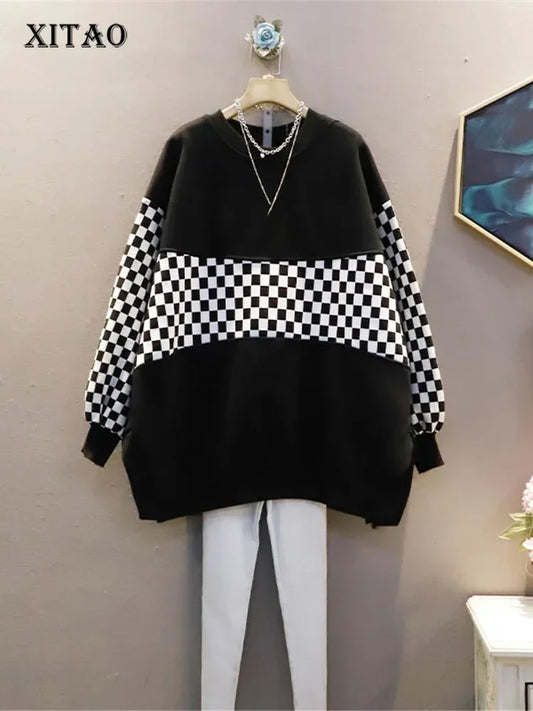 XITAO Trend Patchwork Sweatshirts 2024 Spring New Korea Casual Plaid Pattern O-neck Loose Large Size All-match Women CZH0044