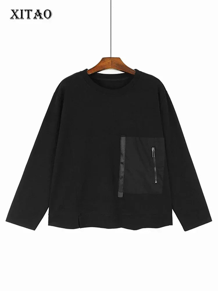 XITAO Solid Color O-neck Long Sleeve T-shirt Zippers Patchwork Patch Casual Simplicity Spring Women New Pullover DMJ3611