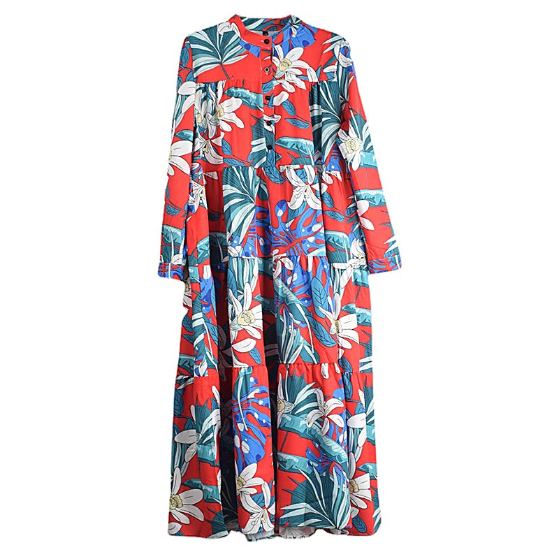 XITAO Loose Print Stand Collar Full Sleeve Dress Appear Thin Casual Pleated Pullover Spring Women A-line Dress HQQ0909