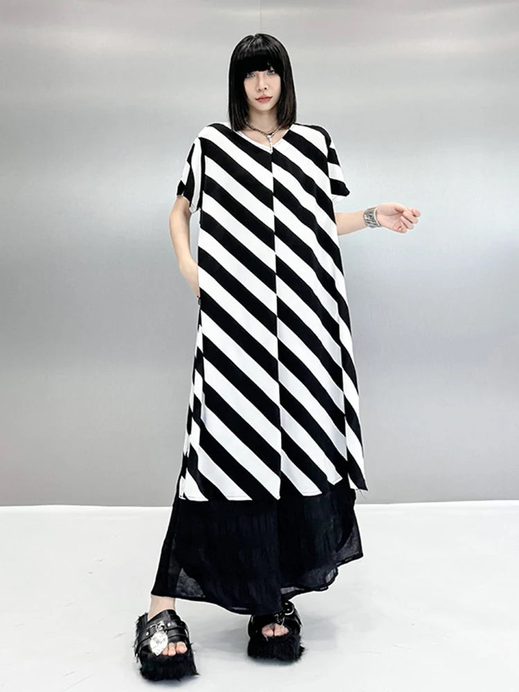 XITAO Striped Slit Dress Casual Fashion Contrast Color O-neck Collar Short Sleeve T-shirt Dress 2024 Summer New Women ZY8820