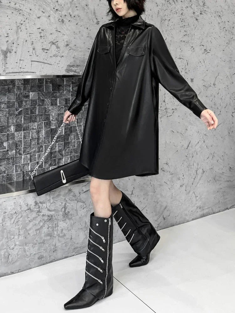 XITAO Straight Loose Casual Female PU Dress Solid Color Black Personality Fashion Autumn Turn Down Collar Women Dress GMM1136