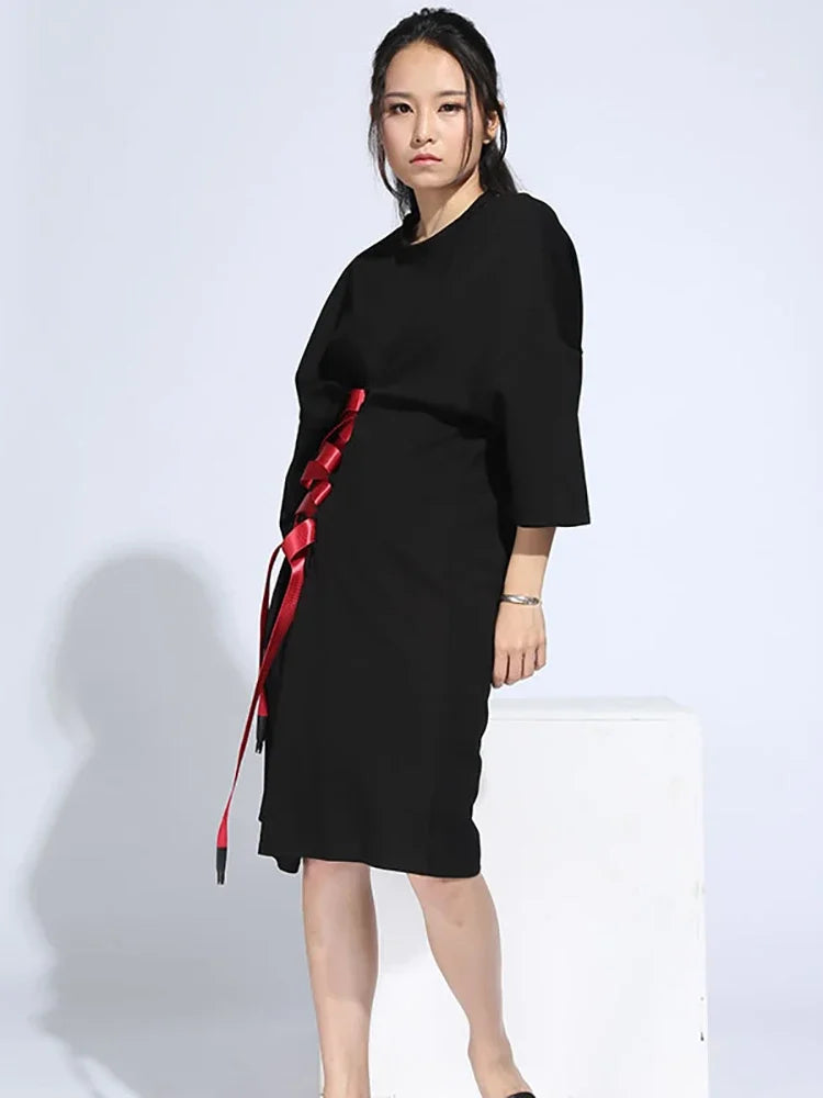 XITAO New 2024 Europe Spring Fashion Women Bandage Decoration Wrist Sleeve Dress Female O-Neck Loose Knee-Length Dress SG065