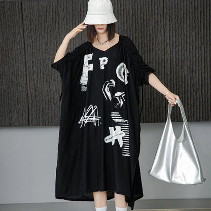 XITAO Bat Wing Sleeve Dress Irregular Draw String Folds Half Sleeve T-shirt Dress Fashion Contrast Color Letter Print WLD20163