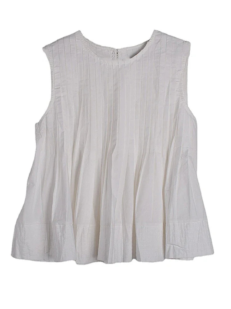 XITAO Sleeveless Pleated Shirt Solid Color Fashion Simplicity O-neck Collar Temperament Top Summer All-match New HQQ0236