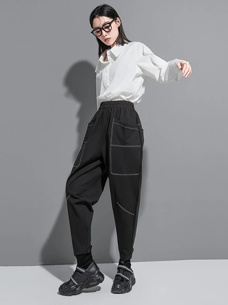 XITAO Pocket Patchwork Black Harem Pants Solid Color Elastic Waist Loose Personality All Match Casual Pants 2024 Autumn LJ1003