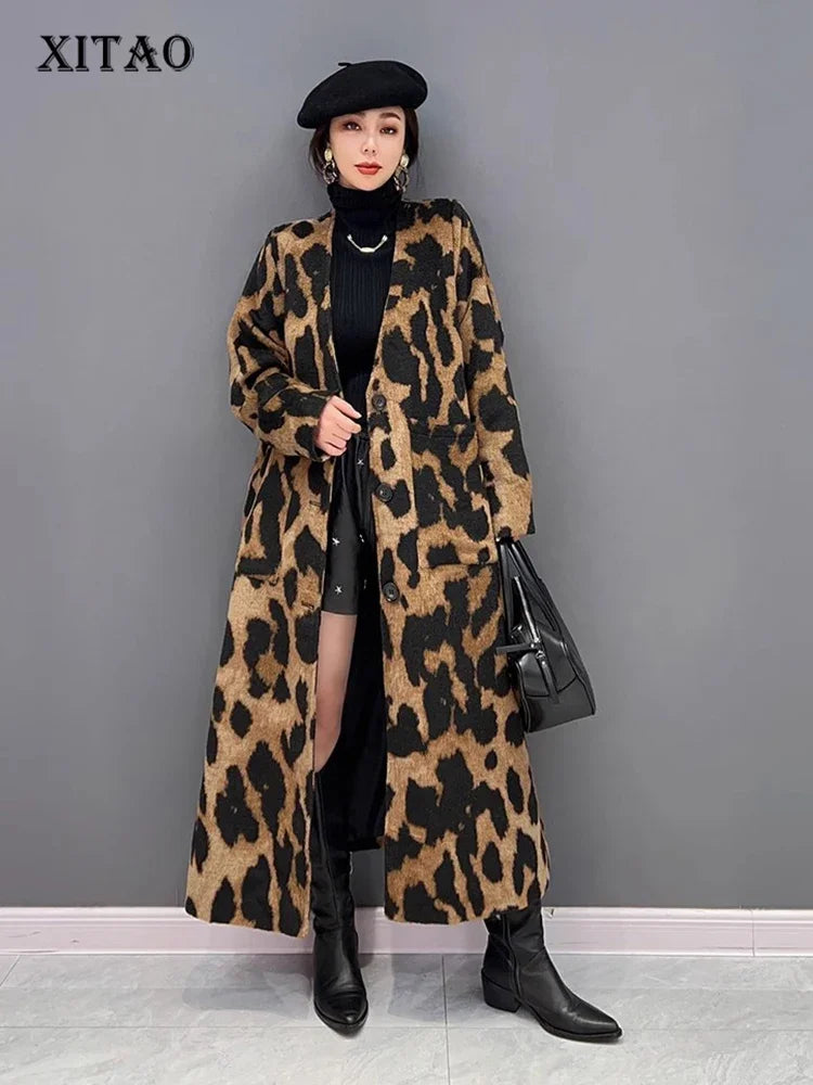 XITAO Leopard Single Breasted V-neck Blends Pocket Patchwork Long Sleeve Loose Fashion Mid-calf Long Coat 2024 Autumn New LJ1063