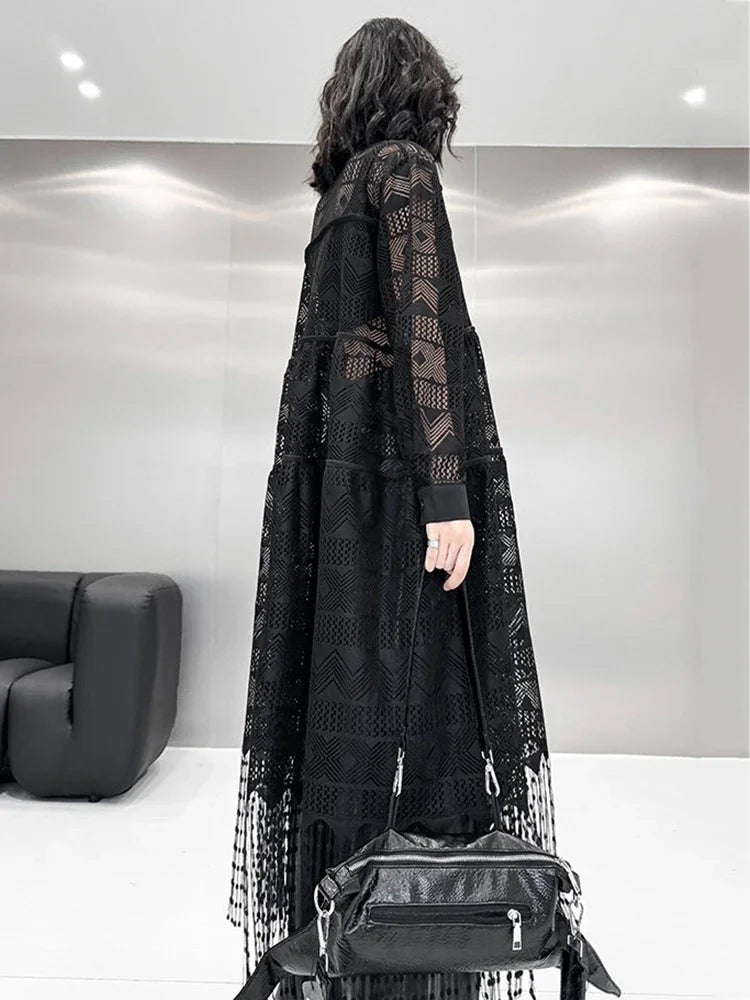 XITAO Casual Hollow Out Lace Black Mid-calf Dress Hong Kong New A-line Full Sleeve Loose Tassel Autumn Women Dress ZYY1117