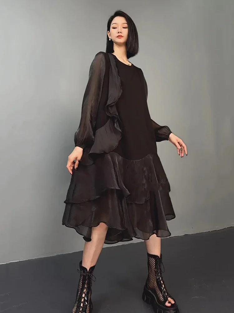 XITAO Gauze Patchwork Asymmetrical Dresses O-neck Long Sleeve Solid Color Pullover Slimming Casual Dresses 2024 Autumn LJ1007