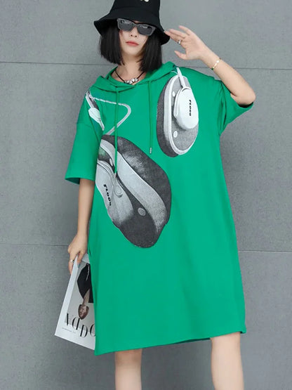 XITAO Print Hooded Pocket Contrast Color Dress Short Sleeve Patchwork Loose Slimming Knee-Length Casual All Match Dress GMM1191