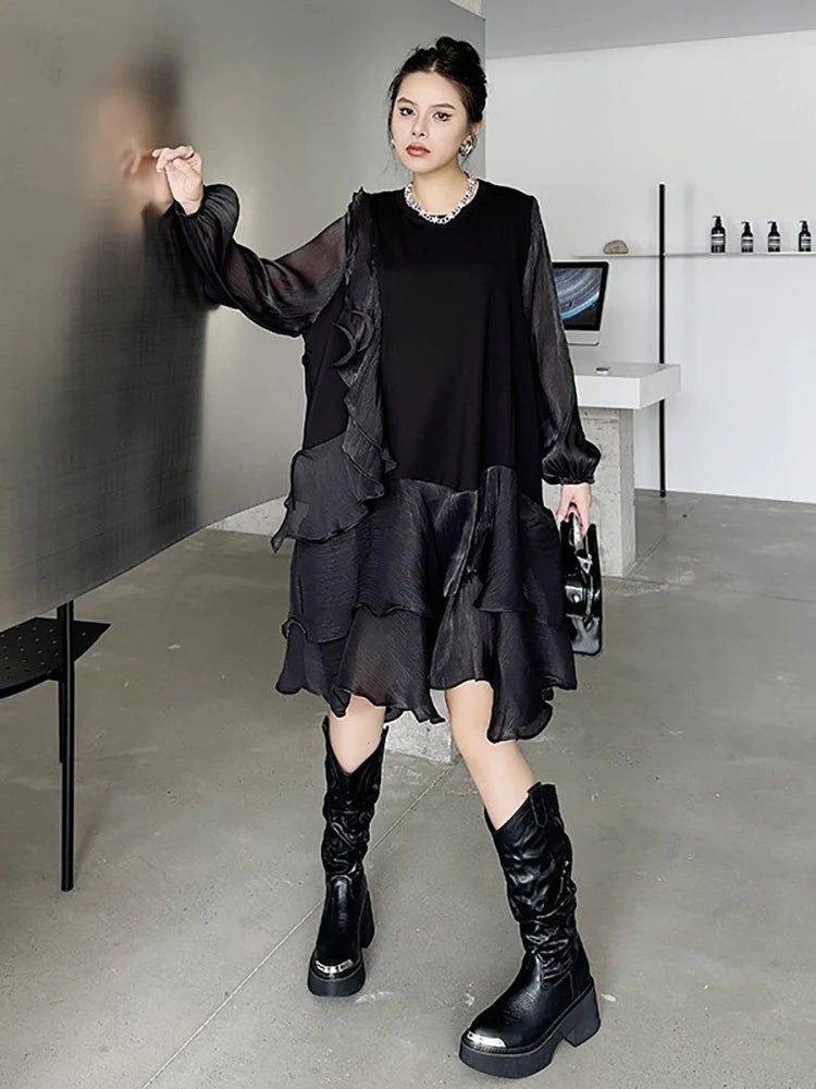 XITAO Gauze Patchwork Asymmetrical O-neck Dress Solid Color Pullover Long Sleeve Fashion Temperament Dresses 2024 Autumn LJ1029