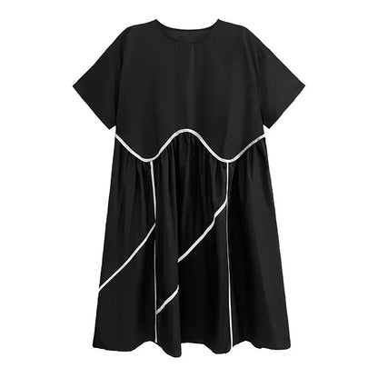 XITAO Casual Loose Dress Irregular Folds Bright Line Decoration Splicing Hem Summer New Simplicity O-neck Women Dress WMD7034