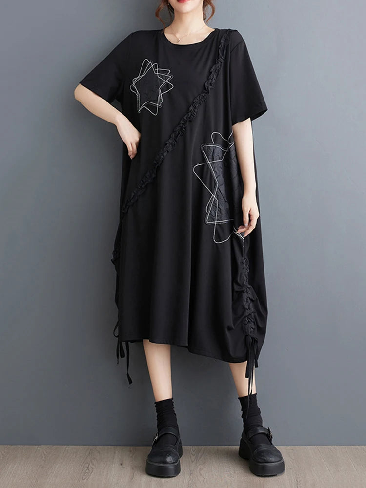 XITAO Black Draw String Lace-up T-shirt Dress Casual Loose Asymmetrical Edible-tree Fungus Splicing Decorate New Dress DMJ4149