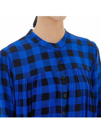 XITAO Plaid Patchwork Stand Collar Dresses Contrast Color Single Breasted Loose Mid-calf Slimming Long Sleeve Dress New DMJ3419