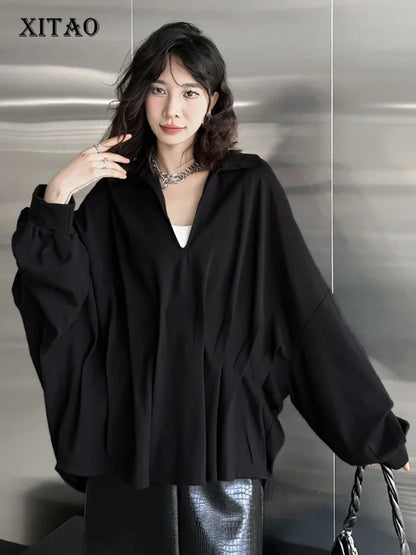 XITAO Asymmetrical Folds Batwing Sleeve Women Blouse Solid Color V-neck Pullover Loose Slimming Top Coat 2024 Autumn New ZY8887