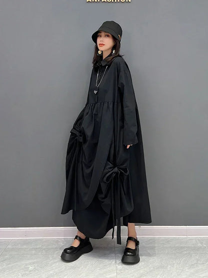 XITAO Irregular Folds Shirt Dress Solid Color Pleated Splicing Bow Hem Spring Long Sleeve Turn-down Collar Shirt Dress WLD8722