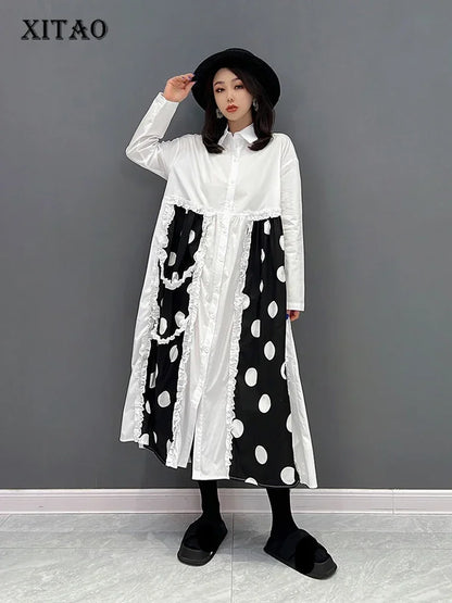 XITAO Fashion Contrast Color Dot Shirt Dress Loose Simplicity Edible Tree Fungus Splicing Hem Spring New Women Dress WLD8726