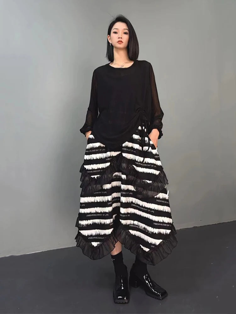 XITAO Gauze Patchwork Striped Asymmetrical Skirts Elastic Waist Loose Mid-calf Casual All Match Skirts 2024 Autumn New HQQ2401