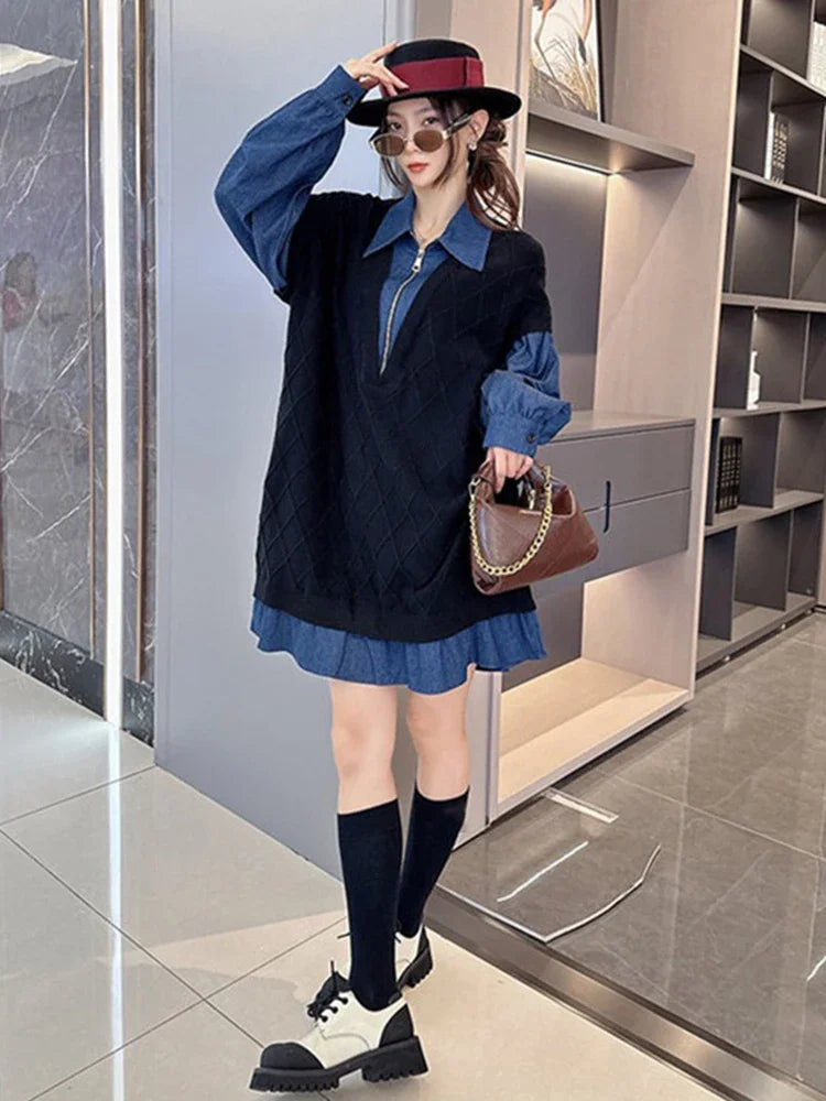 XITAO Knitting Patchwork Zipper Dress Turn-down Collar Pullover Long Sleeve Loose Fashion Knee-Length Dresses 2024 Autumn LJ1061