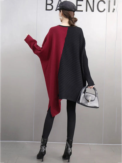 XITAO Fashion Europe Irregular Casual Full Sleeve Sweater Lazy V-neck Batwing Knitting Contrast Color Loose Pullover GMM1015