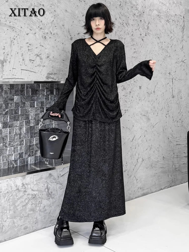 XITAO Casual Loose Elastic Waist V-neck Flare Sleeve Matching Set 2024 New Sweet Cool Fashion Autumn Women Dress Set GMM1050