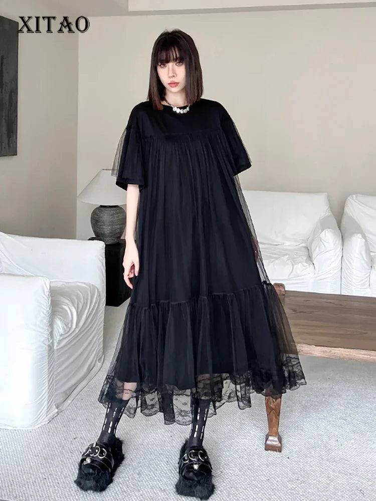 XITAO Black Mesh Patchwork Dress Slimming Elegant Temperament O-neck Loose Casual Fashion New Female A-line Dress LYD1856