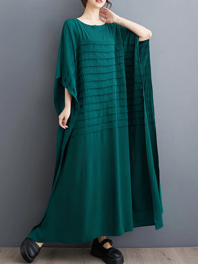 XITAO Folds Batwing Sleeve Dress Loose Fashion Solid Color Simplicity Casual Temperament Women Summer New Dress 2024 ZY8745