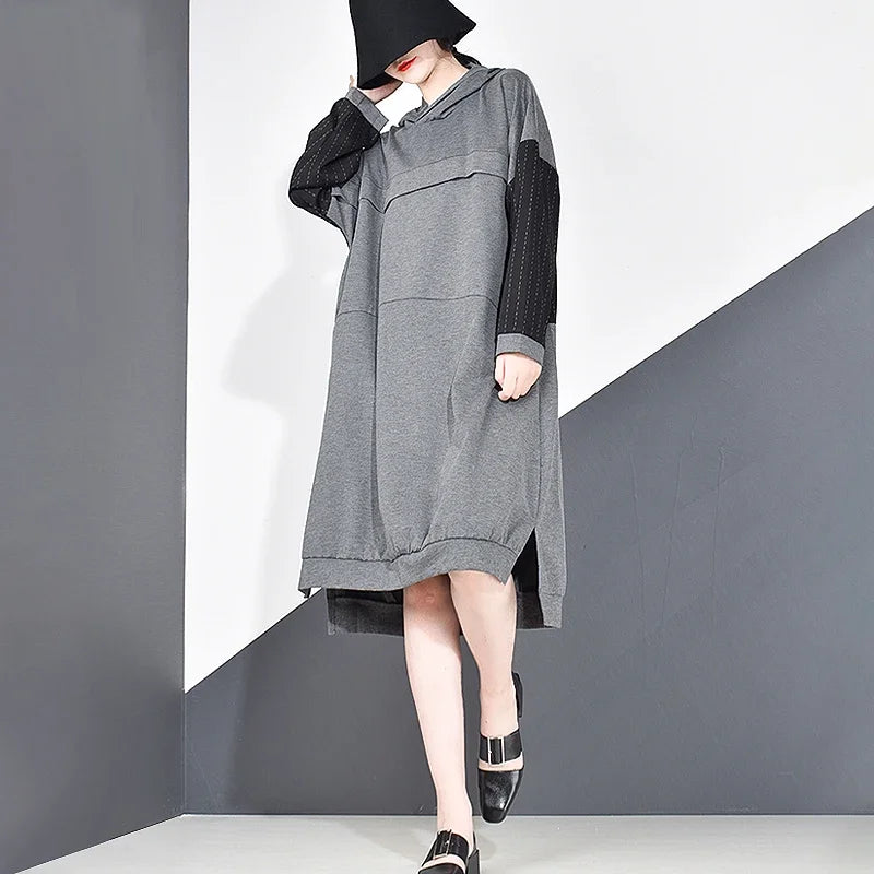 XITAO Plus Size Patchwork Hit Color Elegant Dress Women Clothes 2024 Spring New Fashion Hooded Collar Match All Dress LJT3519